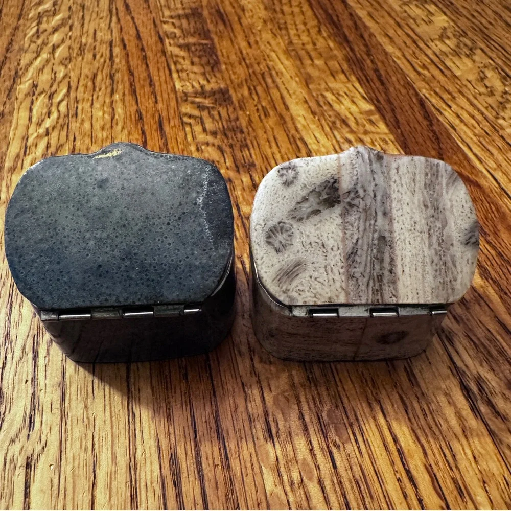 Lot of 2 small hinged metal trinket boxes, approximately 2” long, 1” high